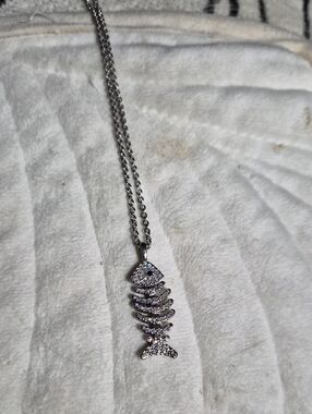 Touchstone Crystal Silver Fishbone Pendant Necklace with Clear Crystals